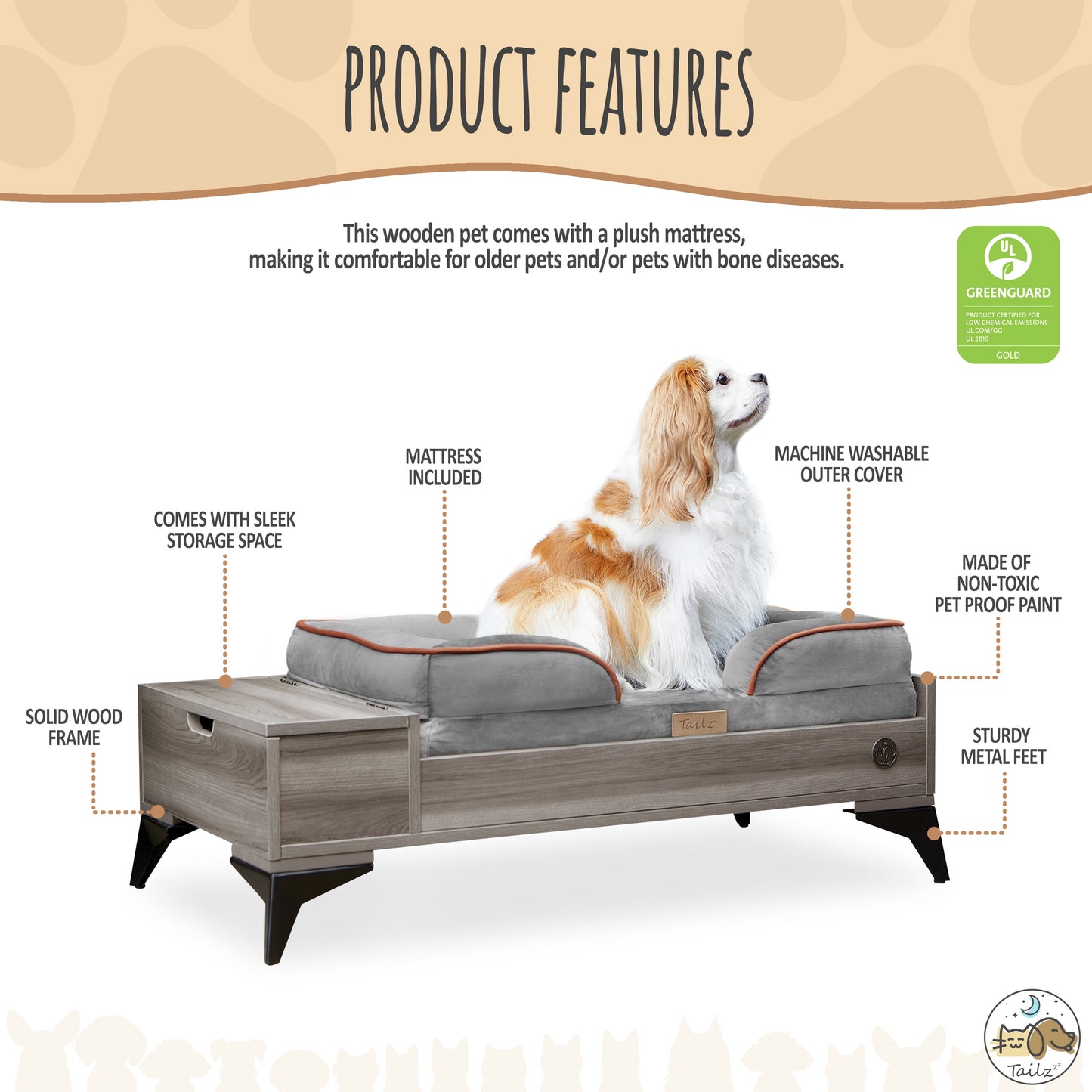 Wyatt Wooden Pet Bed with Mattress | Small to Medium Pet Bed with Mattress | Elevated Pet Bed | Wooden Pet Bed with Storage | Greenguard Gold Certified Wooden Pet Bed