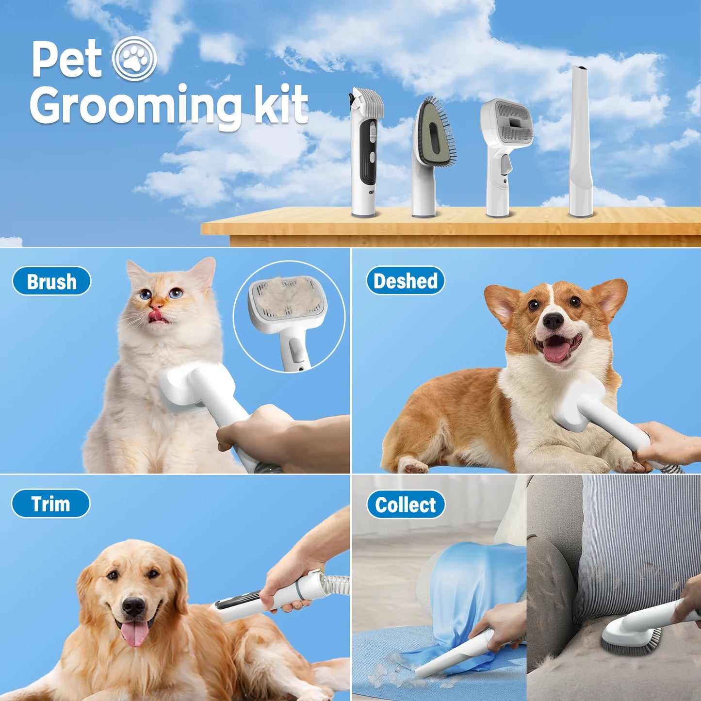 Pet Grooming Kit & Vacuum, 12Kpa 5 in 1 Dog Groom Kit, 2L Dustbin for Dogs, Cats