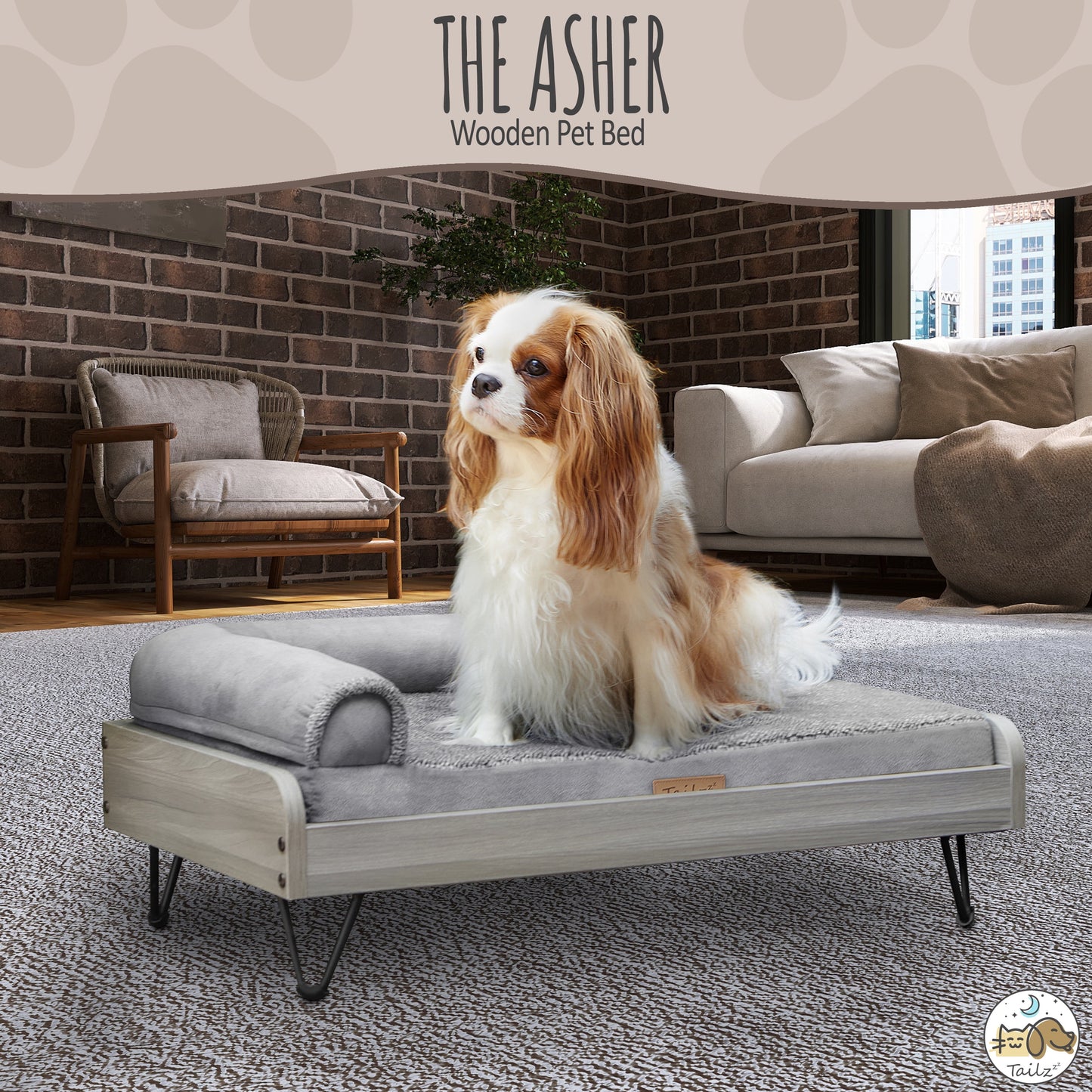 Asher Wooden Pet Bed with Mattress | Small to Medium Pet Bed with Mattress | Elevated Pet Bed | Greenguard Gold Certified Wooden Pet Bed